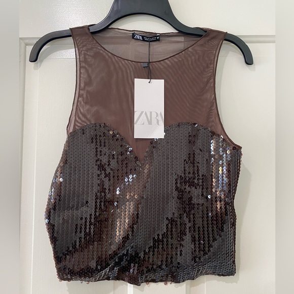 Zara Brown Sequin Tulle crop top NWT - Picture 1 of 13